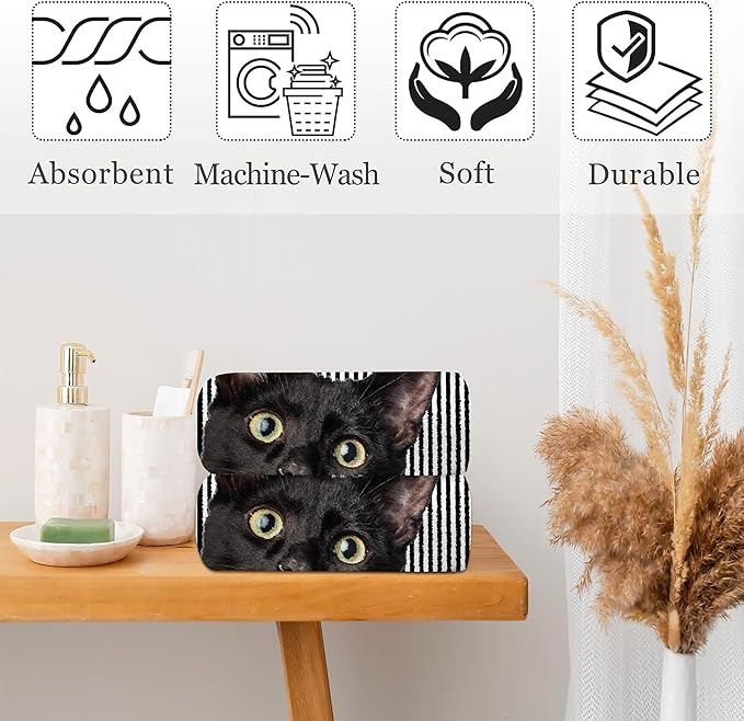 Cute Black Cat Hand Towel for Bathroom Set of 2,Cat on Black White Stripes Bathroom Hand Towel,Soft Absorbent Decorative for Hotel Gym Yoga Home Decor