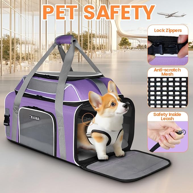 Petskd Top-Expandable Pet Carrier with Wheels 19x13x9 Inches Southwest Allegiant Airlines Approved, Soft-Sided Carrier for Small Dog Under 12 lbs and Large Cat Under 15 lbs(Purple)