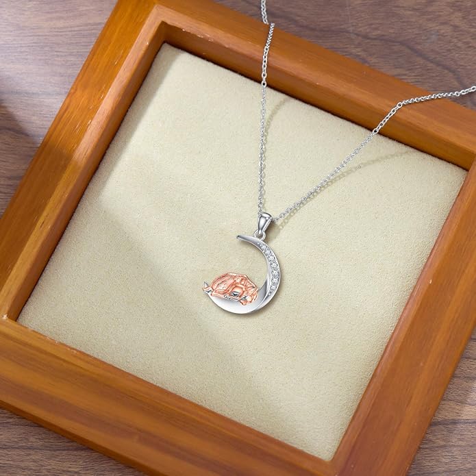 Diamond Black Cat/Red Panda/Sloth/Deer/Unicorn Necklace for Women 925 Sterling Silver Sleeping Animal and Moon Pendant with Lab Grown Diamonds Jewelry Gifts