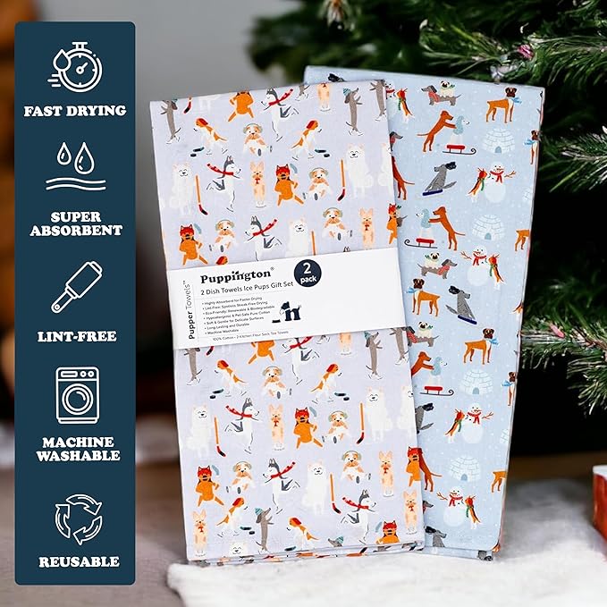 Dog Kitchen Towels - Ice Hockey Mom Gift Kitchen Towels - Rink Rover Puppies Skating Decor - Ice Hockey Decor Dog Tea Towels - Ice Skating Winter Tea Towel Set - 2-Pack (Ice Pups)