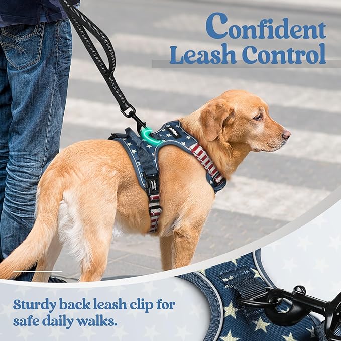 rabbitgoo Dog Harness No Pull with 2 Leash Clips, Adjustable Soft Padded, Reflective Oxford No Choke Pet Vest with Easy Control Handle for Large Dogs, Blue Star, XL