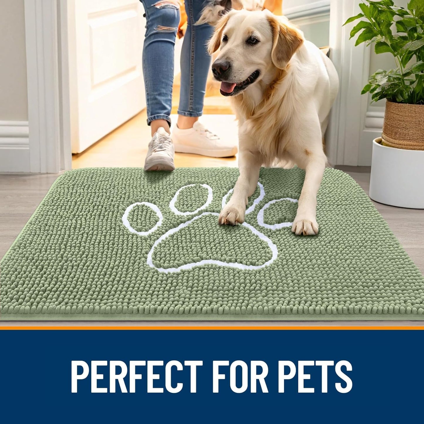 OLANLY Door Mat for Muddy Dog Paws 59x24, Ultra Absorbent Chenille Mud Doormat with Paw Print Design, Non-Slip Washable Doormat for Indoor Entryway, Quick-Dry Pet Bed Mats for Dirty Dogs, Sage Green