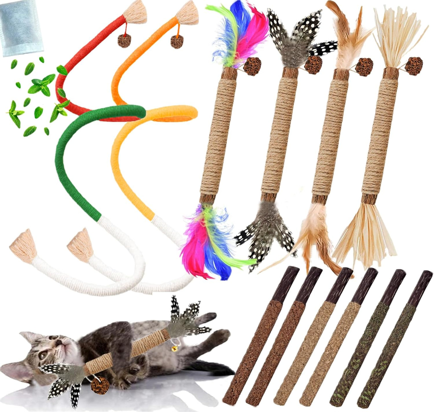 Cat Toys 12PCS Catnip Toy for Indoor Kitten Treat Cats Chew Stick for Dental Cleaning Teeth Kitten Silvervine Rope Kitty Feather Snack for for Kick Molar Scratch Self Play Interactive Boredom