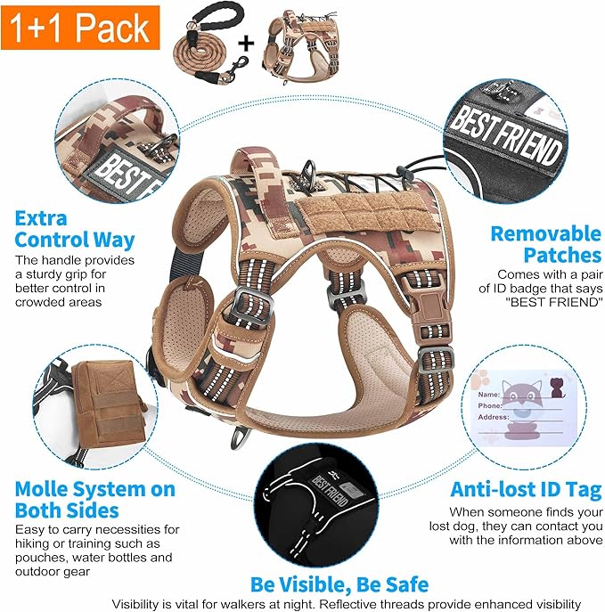 Heavy Duty Tactical Dog Harness for Small Dogs, No Pull Adjustable Pet Harness Reflective Service Training Easy Control Pet Vest Military K9 Working Dog Harnesses- Small, Desert Camo