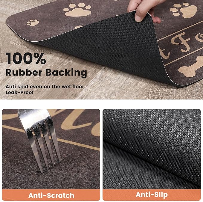 Pet Feeding Mat-Absorbent Pet Placemat for Food and Water Bowl, with Waterproof Rubber Backing, Quick Dry Water Dispenser Mat for Dog and Cat (17"x27", Brown)