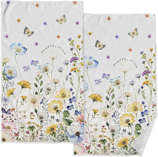 kampdream Faxdong Floral Hand Towel Set of 2, Watercolor Wildflower Botanical Plant Leaves Design Soft Absorbent Towels for Home Hotel Gym Spa Bathroom, Multi5 16×27 inch