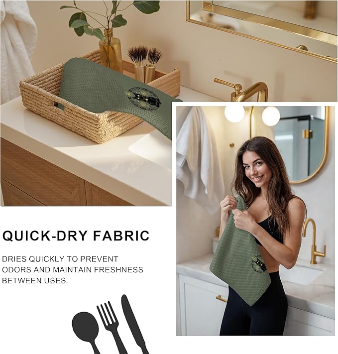 Mystical Black Cat Kitchen Towels, Boho Witchy Celestial Dish Tea Towels for Kitchen Decor, Magic Witch Astrology Black Cat Kitten Hand Towels for Bathroom Decor, 16x24 Inch