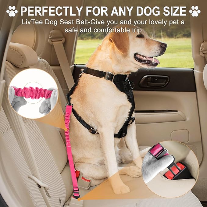 LivTee Dog Seat Belt for Car, Retractable Pet Safety Harness, Adjustable Nylon Dog Seatbelt Leash, Comfortable Dog Accessories for Vehicles (Pink-1PCS)