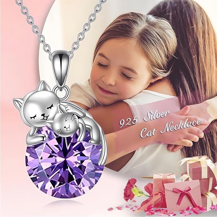 Cat Necklace Sterling Silver Cat Pendnat with Rose Quartz Pearl Jewelry Gifts for Women Cat Lovers