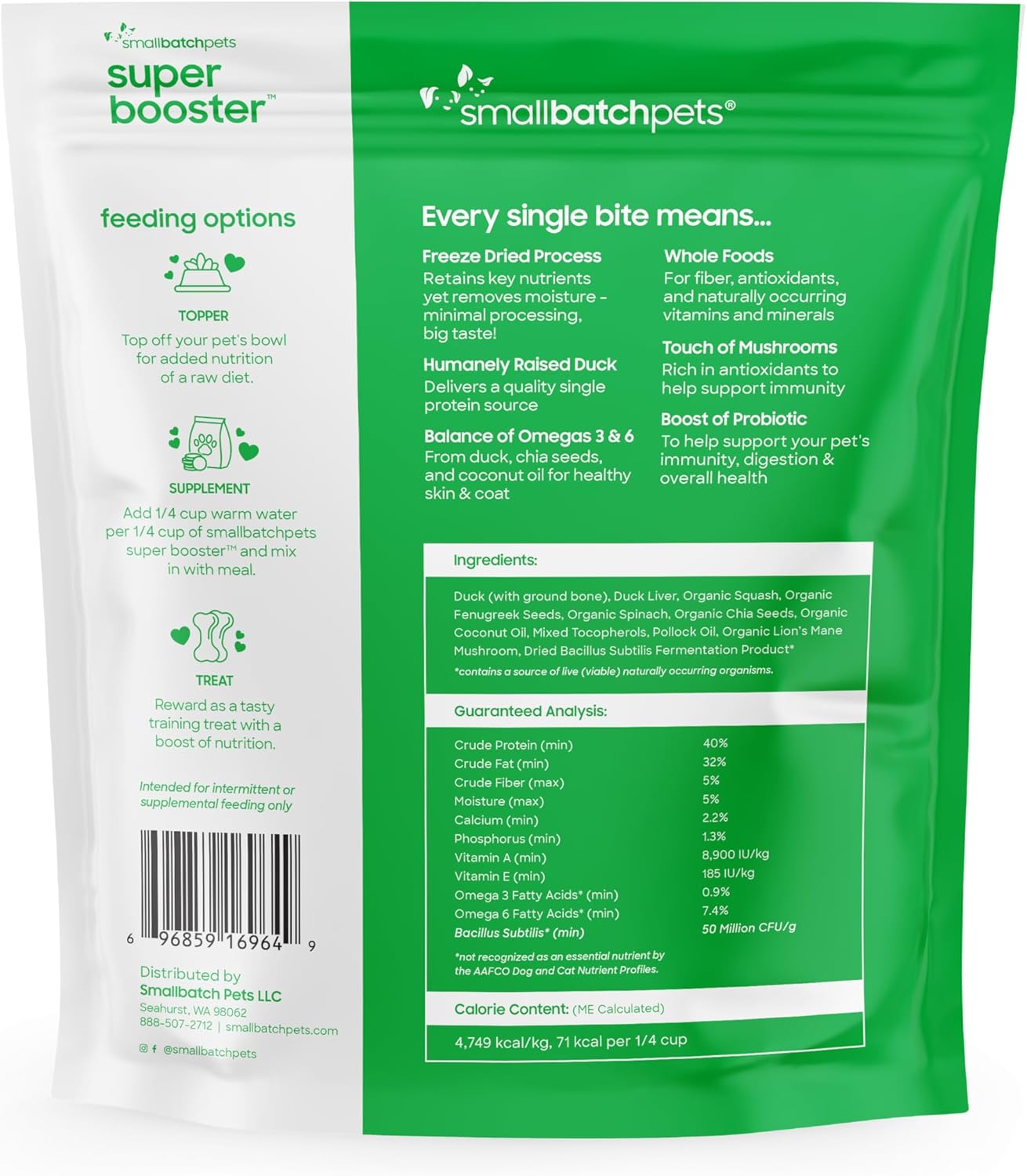 smallbatch Freeze Dried Dog Treats, Superfood Food Topper Duck Bites for Dogs & Cats, Probiotics, Organic Ingredients, High Protein, Grain Free Healthy Treat or Food Topper, Made in The USA, 7 oz Bag