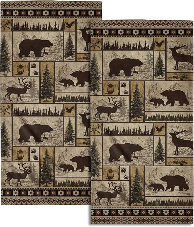 Giwawa Forest Bear Deer Hand Towels Set of 2 Woodland Wildlife Decorative Face Towels Soft Absorbent Dish Wash Cloth for Kitchen Bathroom Hotel