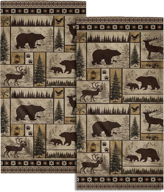 Giwawa Forest Bear Deer Hand Towels Set of 2 Woodland Wildlife Decorative Face Towels Soft Absorbent Dish Wash Cloth for Kitchen Bathroom Hotel