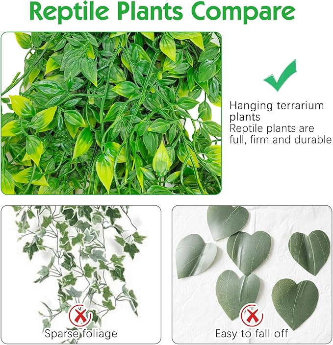 Hamiledyi Reptile Plants, 4 Pack Fake Amphibian Plants, Artificial Leaves Habitat Decorations with Suction Cup for Bearded Dragon Lizard Geckos Chameleon