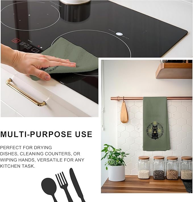 Mystical Black Cat Kitchen Towels, Boho Witchy Celestial Dish Tea Towels for Kitchen Decor, Magic Witch Astrology Black Cat Kitten Hand Towels for Bathroom Decor, 16x24 Inch