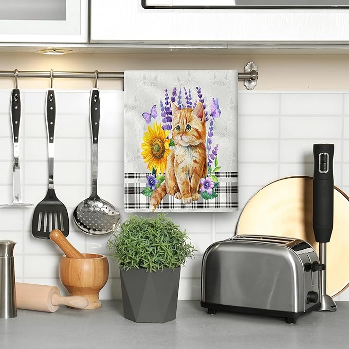 Cute Cat Kitchen Towel Decorative Set of 2, Funny Hand Towels, Sunflower Spring Summer Dish Towels for Kitchen Drying Bathroom Farmhouse Bar Home Decor, Gifts for Cat Loves Women