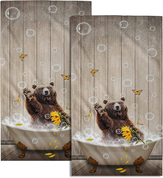 Giwawa Funny Bear Hand Towels Set of 2 Brown Bathtub Decorative Bath Towel Soft Absorbent Towel for Bathroom Kitchen Dish Spa Yoga 14"x28"