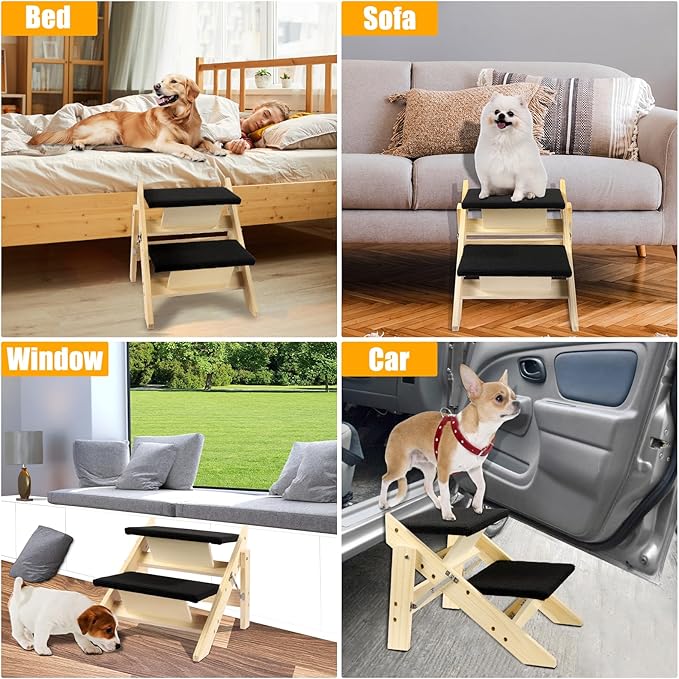 Foldable Dog Stairs/Ramp with 2 Steps - Durable Wooden Pet Stairs for Small, Medium, Large Dogs - Black (No Assembly Required)