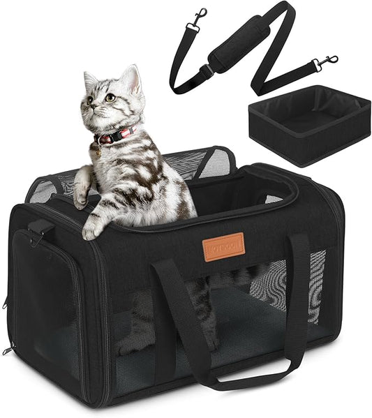 PETUX Pet Carrier Airline Approved, 17"x11"x9.5" Cat Carrier Soft with Anti-Scratch Mesh for Small Cats up to 12 lb, Top Open Portable Dog Carriers with Little Box for Puppy up to 10 lb (Black)