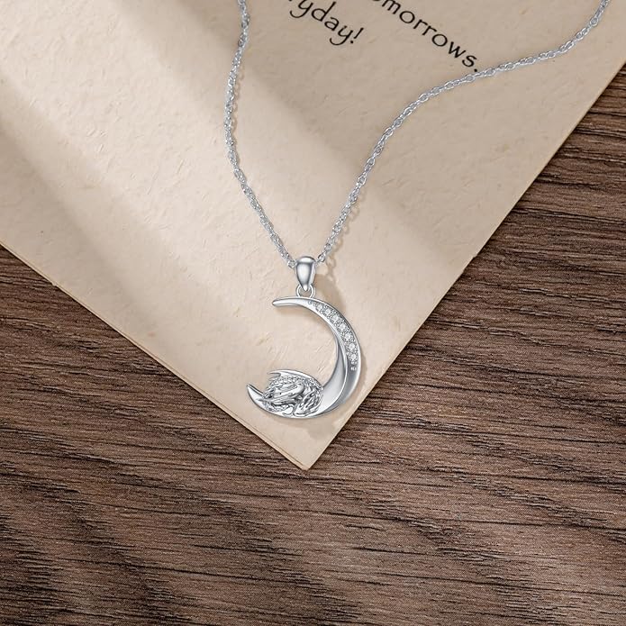 Diamond Black Cat/Red Panda/Sloth/Deer/Unicorn Necklace for Women 925 Sterling Silver Sleeping Animal and Moon Pendant with Lab Grown Diamonds Jewelry Gifts