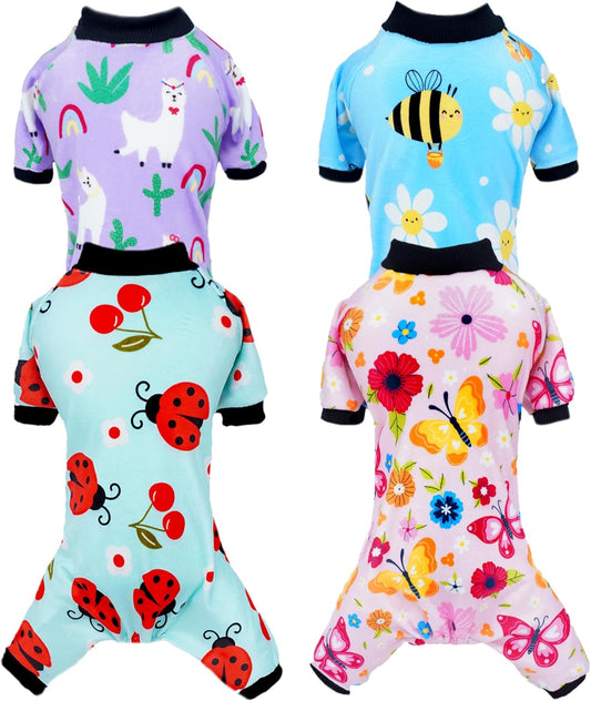 PET SHOW 4 Pack Small Dog Pajamas Spring Dog Clothes for Medium Dogs Girl Boy Soft Stretchy PJs Bee Ladybug Jumpsuit Puppy Cats Floral Onesies Outfits with Sleeve Pets Dachshund Costume(L, Spring)
