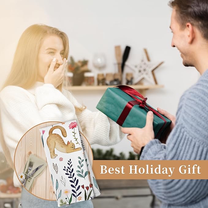 Pastoral Cat Kitchen Towels, Cat Lover Mom Lady Gifts Hand Towels for Bathroom Kitchen Decorative, Rustic Cottagecore Floral Kitty Kitten Dish Tea Towels Drying Cloth, 16x24 Inch