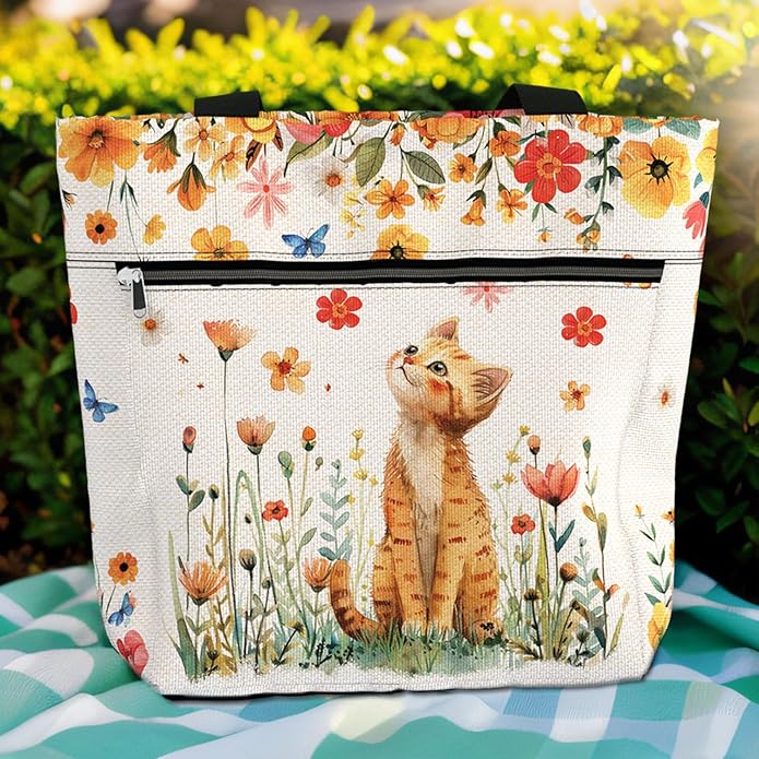 Waterproof Tote Bag with Pockets and Zipper for Work. Shoulder Bag for Women. Gift for Cat Lover Cat Owner.