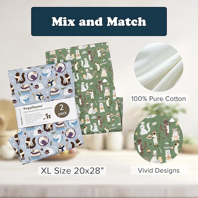 Cattington Kitchen Towels & Cat Decor - Gifts for Cat Lovers & Women - Tea Towel Set 2-Pack (Kitty Comforts Cozy Cooks)