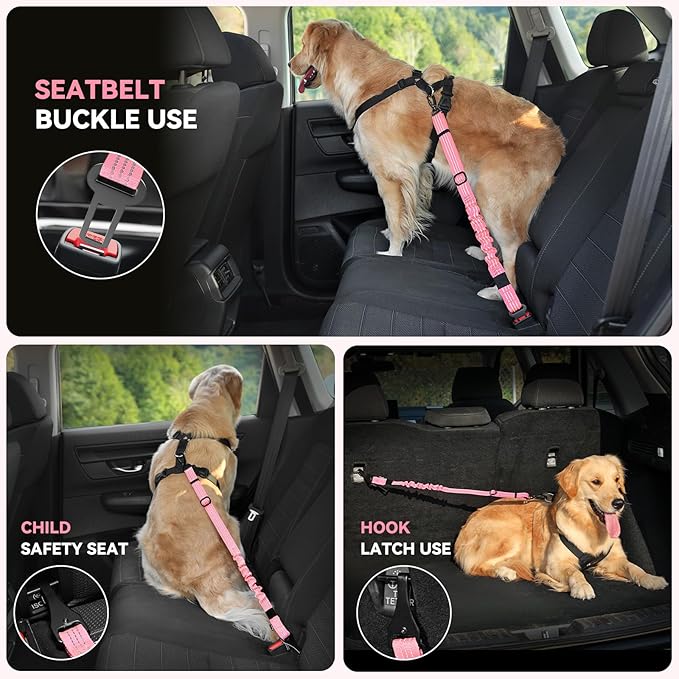 Pawaboo Dog Seatbelt for Car, 3-in-1 Dog Seat Belt Bungee, Shockproof Dogs Tether for Car with Buckle & Hook Latch, Adjustable Reflective Dogs Cars Harness Leash with 360° Lockable Buckle, Pink
