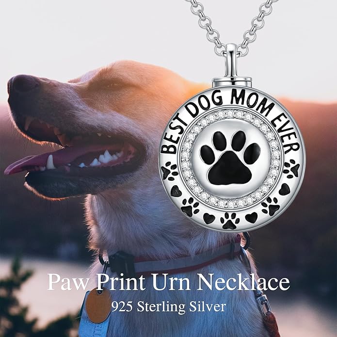 Pet Ashes Necklace 925 Sterling Silver Dog/Cat Urn Necklaces for Ashes Paw Print Pendant Pet Cremation Keepsake Memorial Jewelry for Women