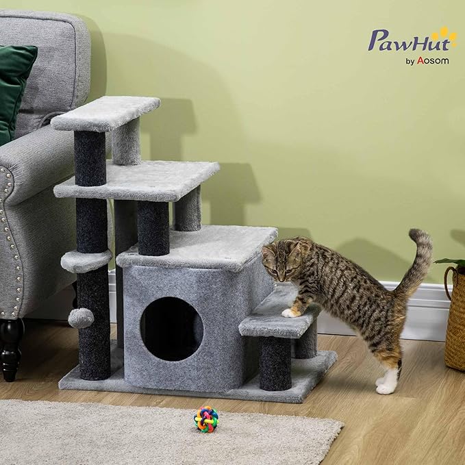 PawHut Pet Stairs, Adjustable Height 3/4 Step Cat Steps with Scratching Post, Condo, Toy Ball for High Bed, Sofa, Couch, Indoor Small Cats, Kittens, Gray