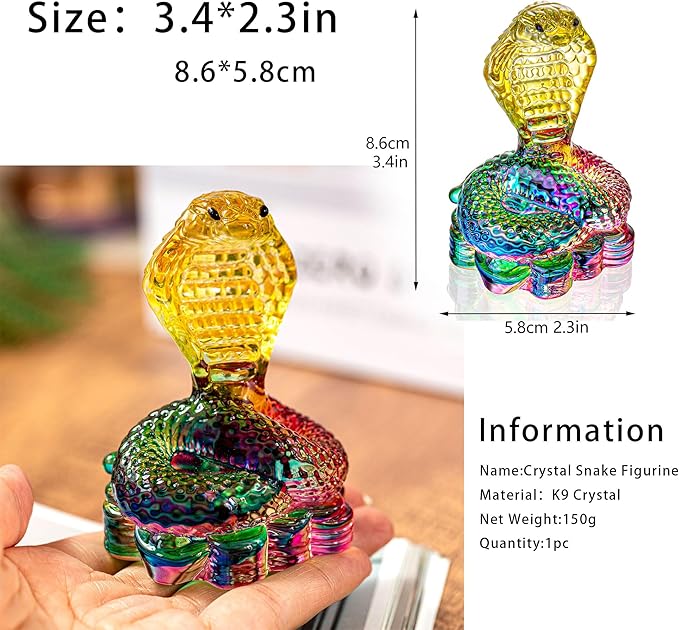 HDCRYSTALGIFTS 3.5 Inch Crystal Snake Figurine Collectible Modern Art Glass Cobra Statue Handmade Chinese Zodiac Animal Sculpture Ornament New Year Decor