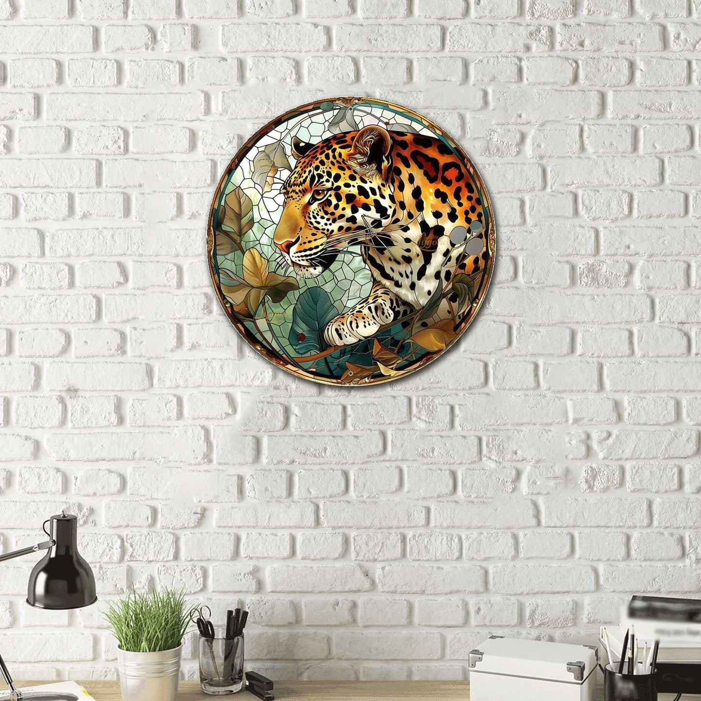 Lygond Metal Sign Tin Sign Circular Stained Glass Leopard Funny Sign for Restaurant 8×8 Inches