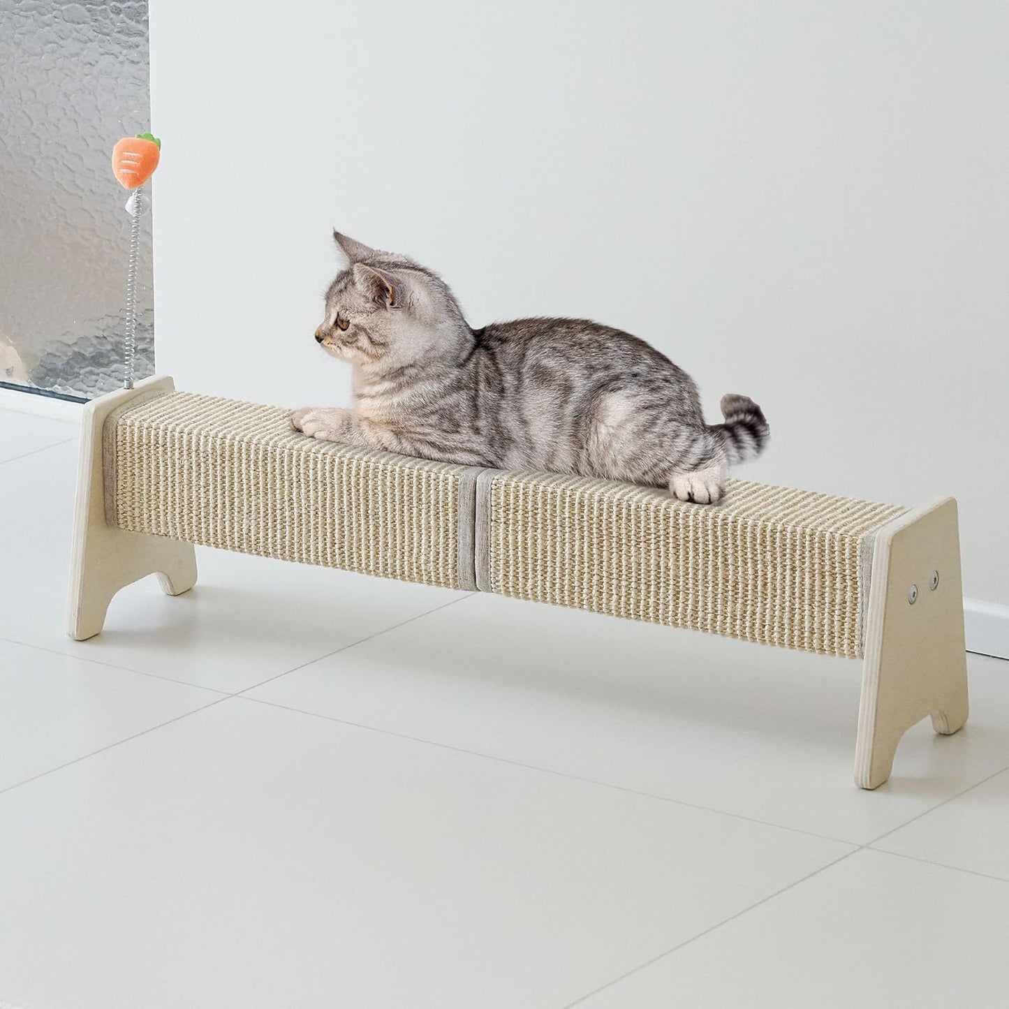 Cat Scratching Post, 30" Horizontal Sisal Scratch Post for Indoor Cats, Durable Cat Furniture Protector with Spring Toy