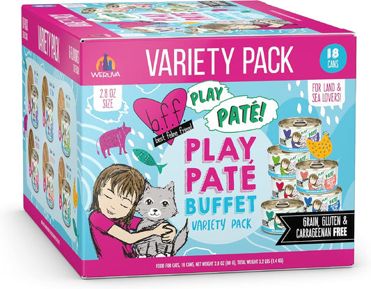 Weruva B.F.F. Play - Best Feline Friend Paté Lovers, Aw Yeah!, Play Paté Buffet Variety Pack, 2.8oz Can (Pack of 18)