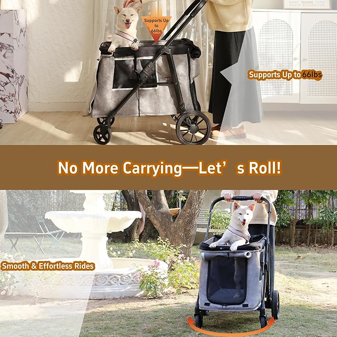 Medium Dog Stroller for Small to Large Dogs 4 Wheels Multi Pet Stroller for 4 Dogs Holds Up to 66lbs, One-Click Folding&Smooth Tires&Sunshade & Storage Basket (Gray, Medium)