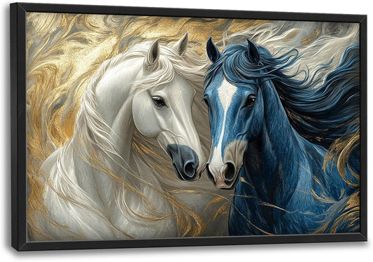 Framed Large Horse Wall Art for Living Room, Oversized Abstract Horses Wall Decor Blue and Golden Canvas Painting Animal Pictures Modern Artwork for Living Room Bedroom Office 36"x24"