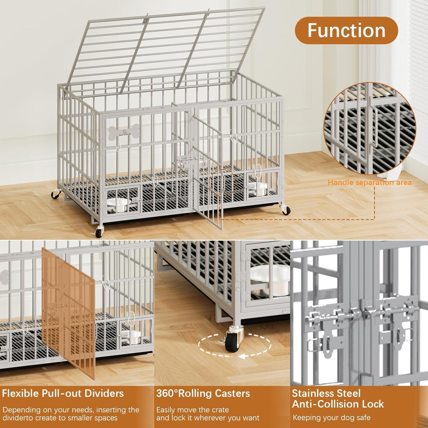 aboxoo 48/42 inch Heavy Duty Metal Dog Crate for 2 Dogs/Large Dog,All Metal Open Top,Dog Kennel Indoor with Wheels,Floor Grid, Tray, Divider and Feeding Bowl (Sliver)