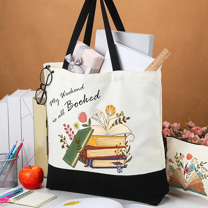 Cunno 2 Pcs Book Tote Bags Purse Set Book Lovers Gifts Canvas Tote Bags Librarian Bookish Birthday Gifts
