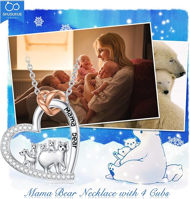 Mothers Day Gift for Mom 925 Sterling Silver Mama Bear/Dinosaur/Cat/Bird/Chicken Necklace with 1 2 3 4 5 Cubs Jewelry for Women Wife Grandma