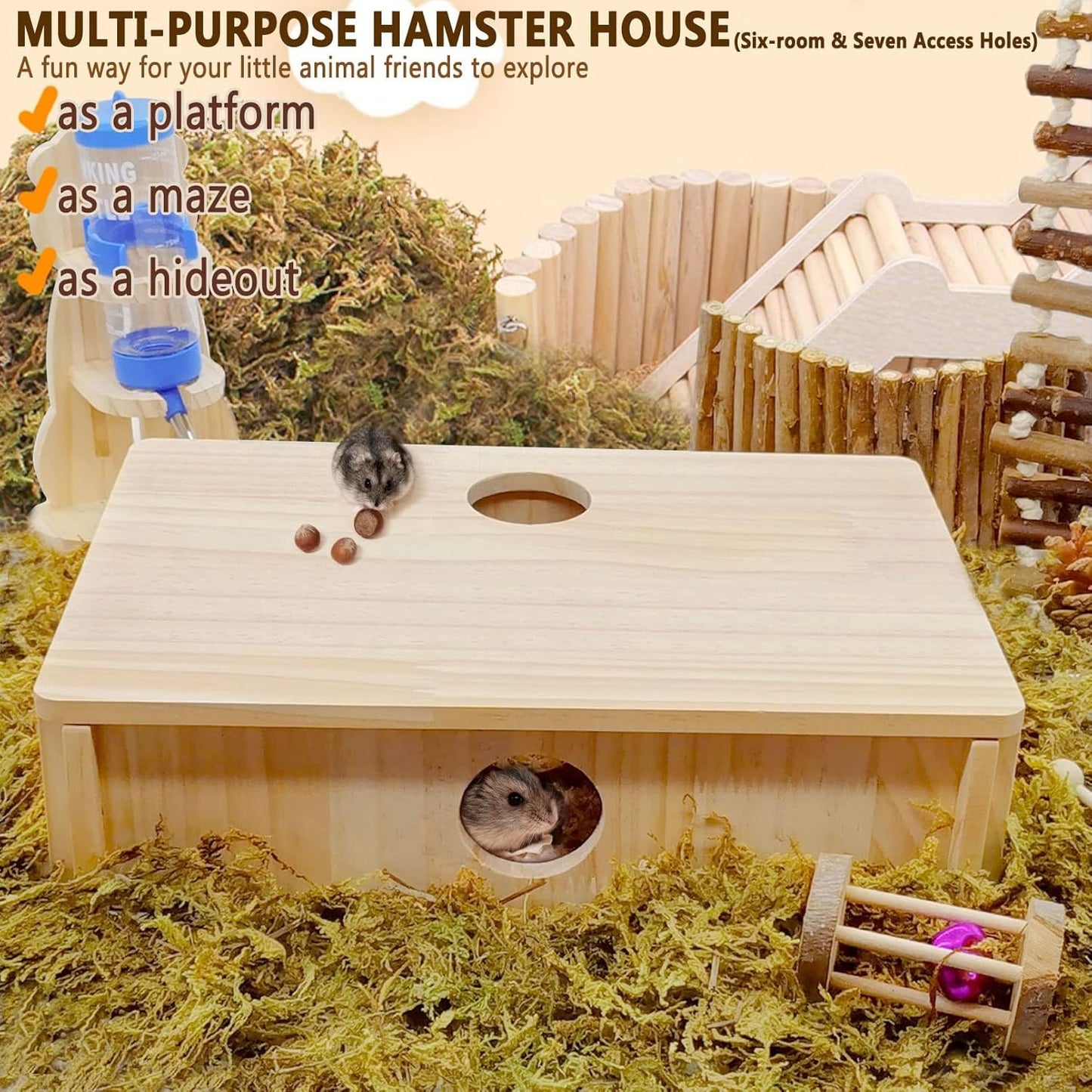 kathson Multi-Chamber Hamster Maze House,Wooden Syrian Hamster Maze Hideout,Small Pets Habitats Decor,6-Room Hideouts & Tunnel Exploring Toys for Dwarf Hamsters,Gerbils,Mice,Lemmings,Mouse