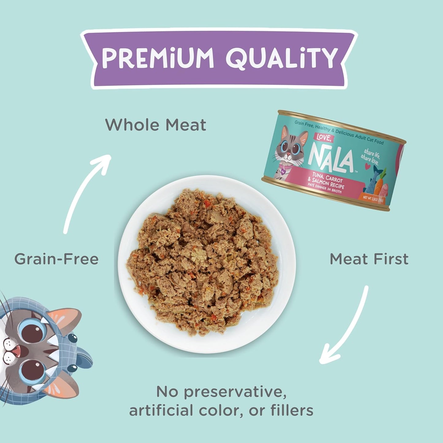 LOVE, NALA - Natural Adult Cat Wet Food - Pate Tuna, Carrot, & Salmon Recipe - Grain Free, Non-GMO, Digestive Fiber Blend, Minerals, Vitamins - 12 Pack 2.4 lbs.