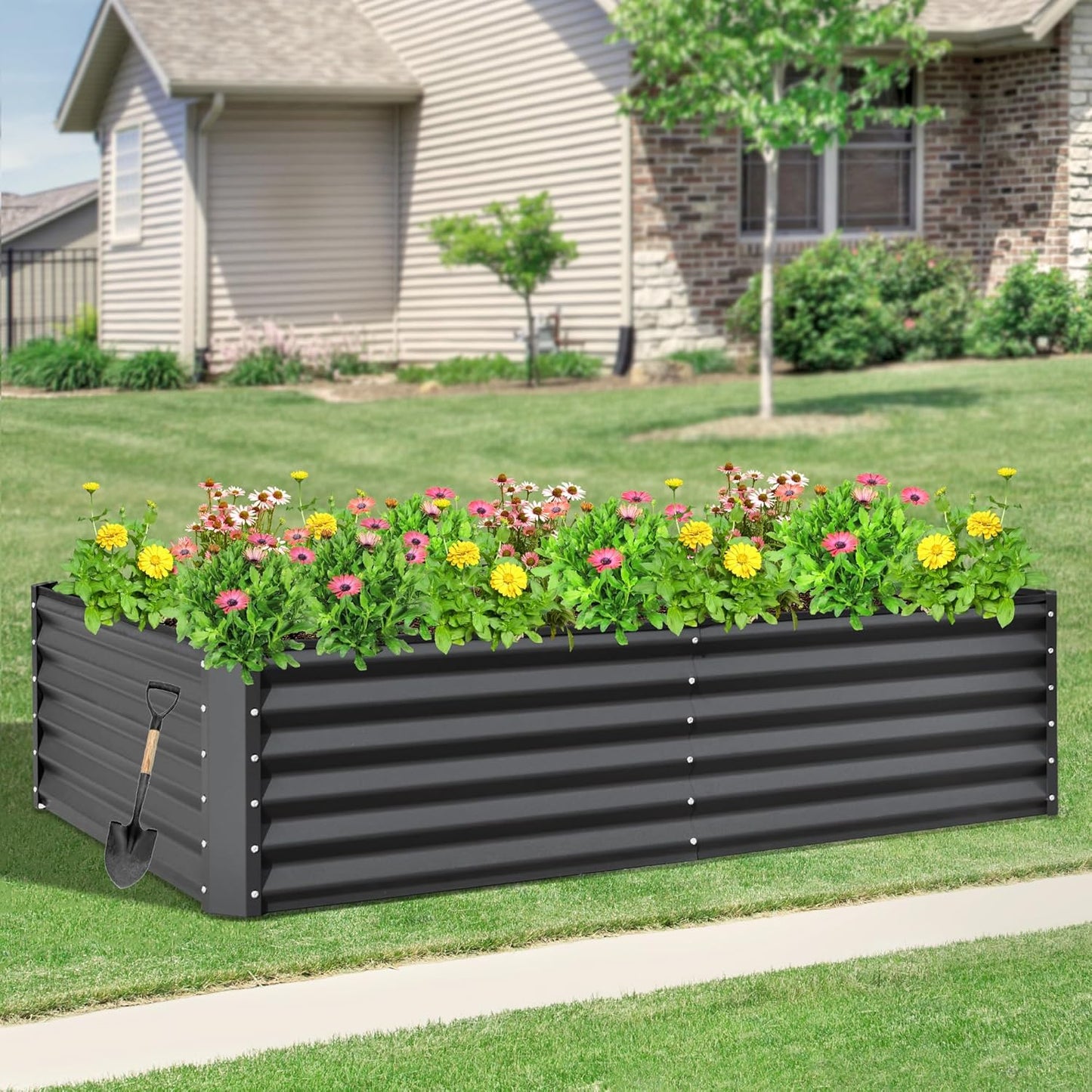 Domi Raised Garden Beds Outdoor, 8x4x1.5Ft Thickening Tall Metal Rectangular Deep Root Box Planter for Vegetables, Flowers, Herbs, and Succulents 1.5" Deep w/ 342 Gallon Capacity - Dark Gray