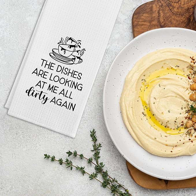 Funny Kitchen Towels for Women, The Dishes are Looking at Me All Dirty Again Dishcloths, Housewife Decorative Tea Towels with Saying, Sweet Housewarming Gifts for Mom Hostess Chef Friend