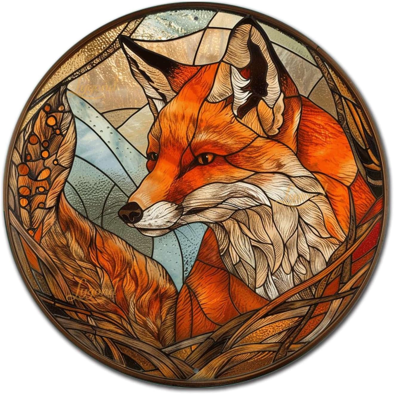 Lygond Metal Sign Tin Sign Circular Stained Glass Fox Minimalist Wall Art for Pub 12×12 Inches