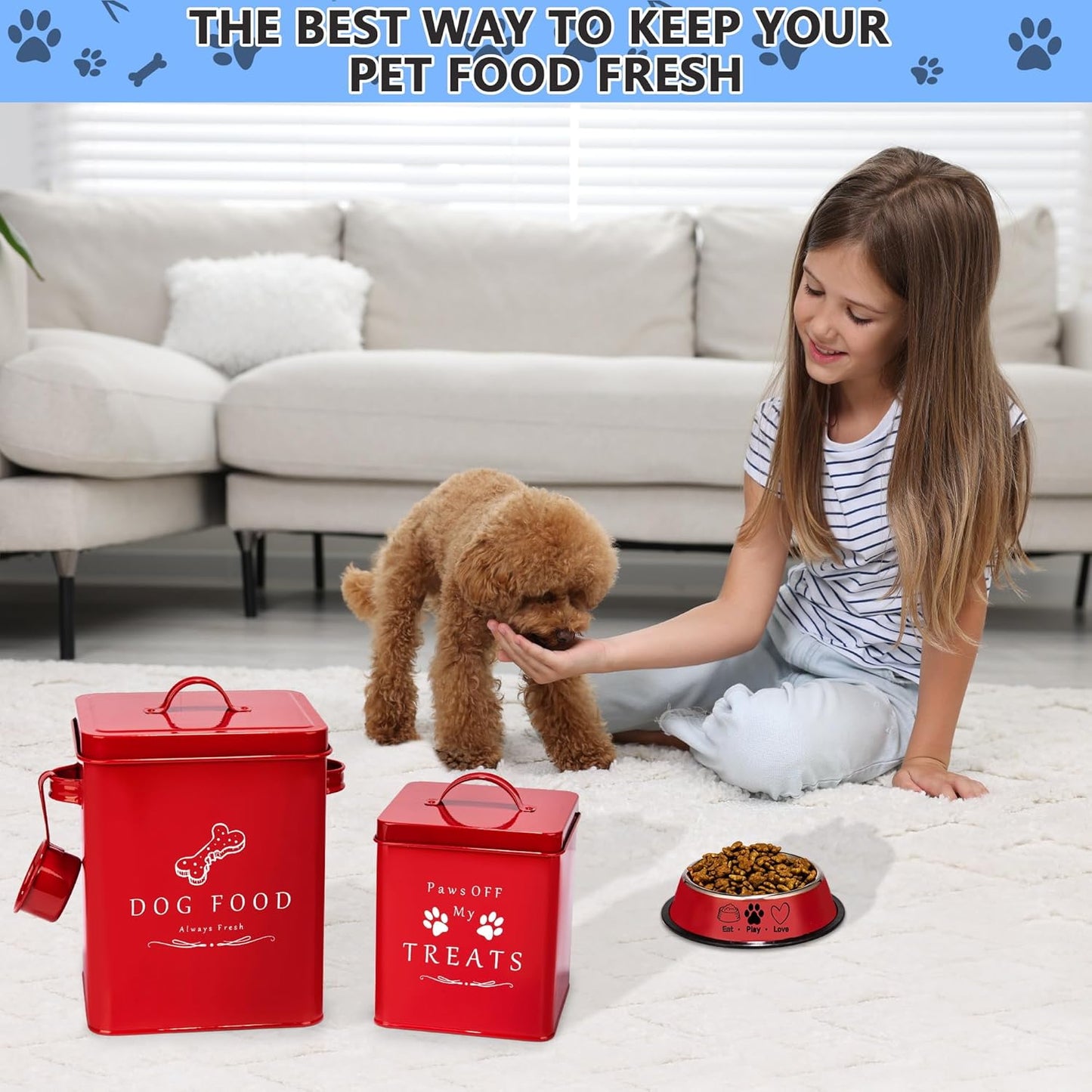 Meraki Home Dog Food Bin & Treats Container - Lateral Handles and Tight Lids - Feed Scoop - Premium Glossy Red Pet Food Bowl -Large Farmhouse Metal Storage Bin - Great Gift for Cute Pets (Glossy Red)