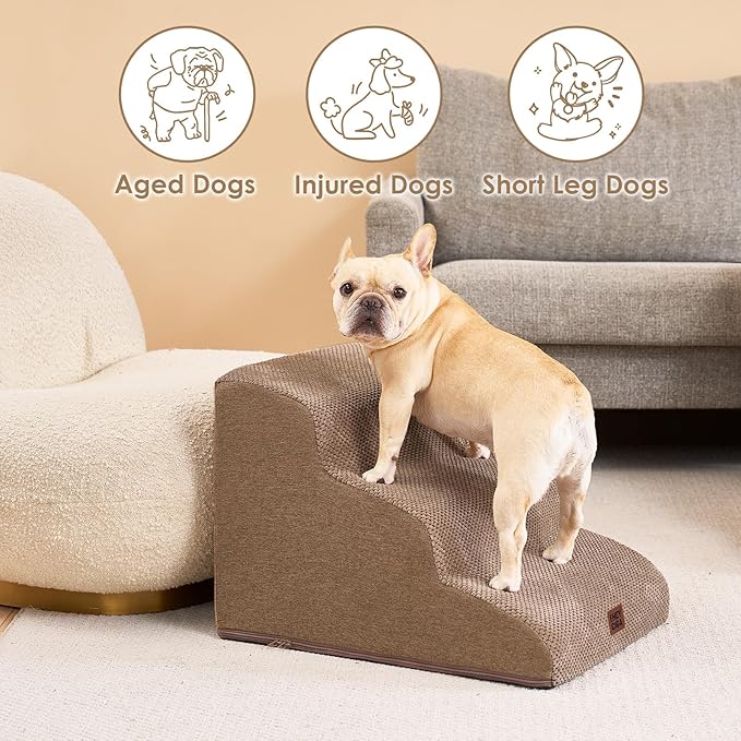 EHEYCIGA Curved Dog Stairs Ramp for Small Dogs 15.7" H, 3-Step Dog Steps for Couch Sofa and Chair, Pet Stairs for Cats, Non-Slip Balanced Pet Steps Indoor, Camel