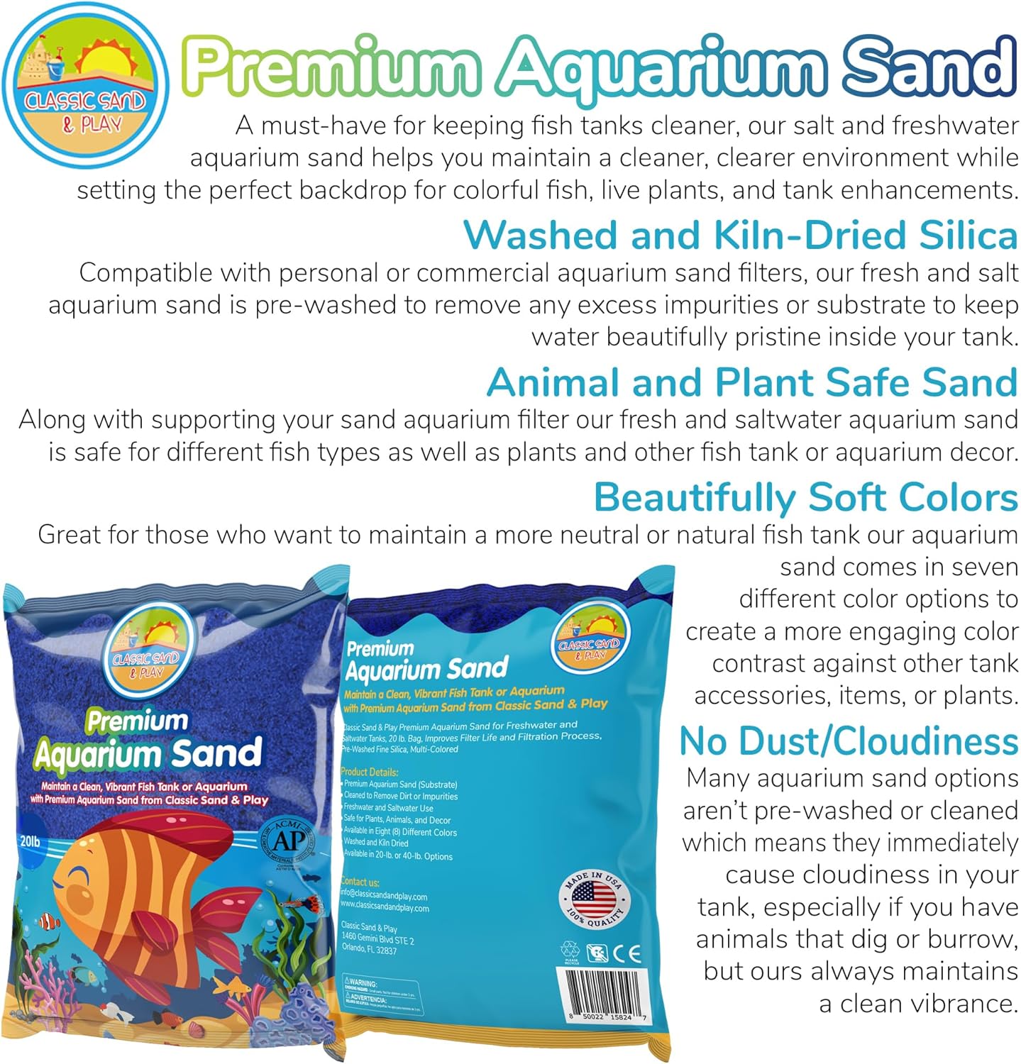 CLASSIC SAND & PLAY Natural Aquarium Sand for Freshwater and Saltwater Tanks, 20 lb. Bag, Improves Filter Life and Filtration Process, Pre-Washed Fine Sand, Blue