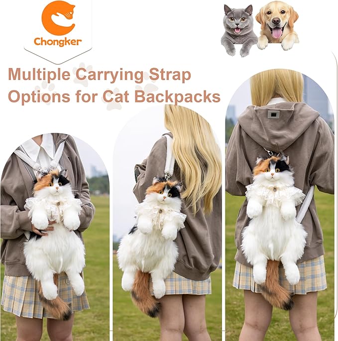 Chongker Stuffed Animals Backpack - Lifelike Stuffed Cat Plush Backpack, Handmade Cute Cat Shaped Bag, Large Dark Calico