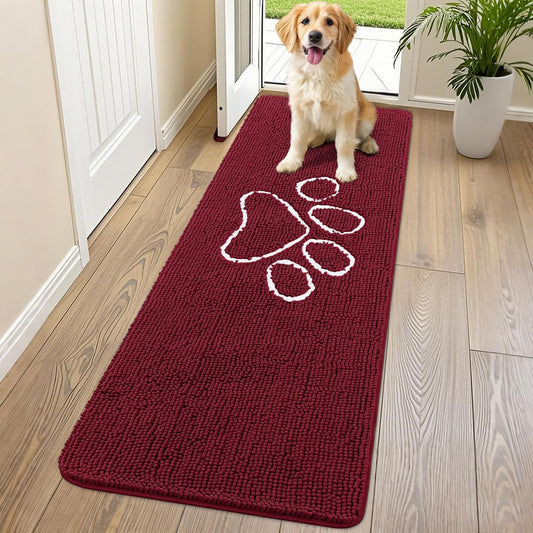 Smiry Dog Door Mat for Muddy Paws, Absorbent Dirt Trapper Non Slip Quick Dry Washable Chenille Mat for Mud Dogs, Entry Rug for Indoor and Outdoor (70x24 Inches, Burgundy)
