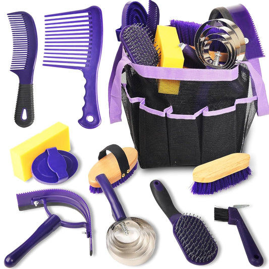 Horse Grooming Kit - 11 Piece Bathing Supplies with Organize Bag, Full Body Kit Including Sweat Scraper, Bath Sponge, Hoof Pick, Massage Comb (Purple)
